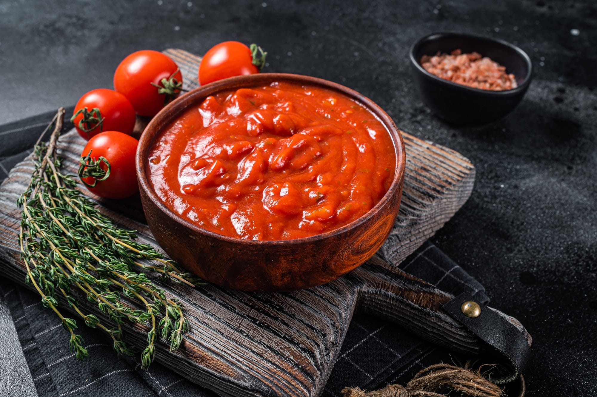 Tomato sauce passata - traditional sauce for italian cuisine. Black background. Top view